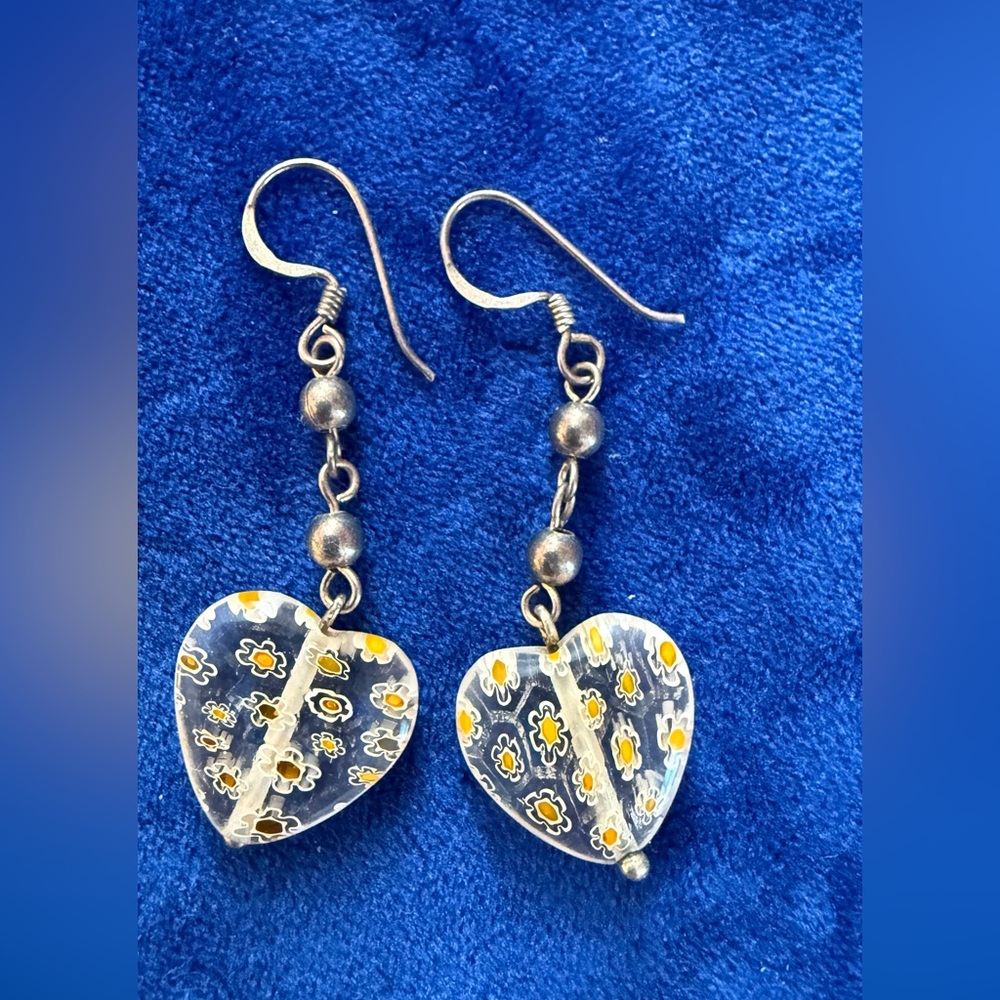 Handmade Sterling Silver Clear Heart Earrings with Yellow Floral Millefiori
